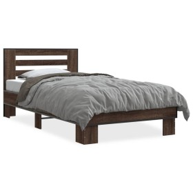 Estructura cama madera ingeniería metal roble marrón 90x200 cm de vidaXL, Camas y somieres - Ref: Foro24-845656, Precio: 101,...