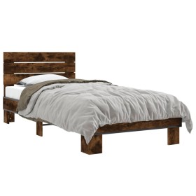 Engineered wood bed frame metal smoke oak 100x200 cm by vidaXL, Beds and slatted bases - Ref: Foro24-845739, Price: 101,99 €,...