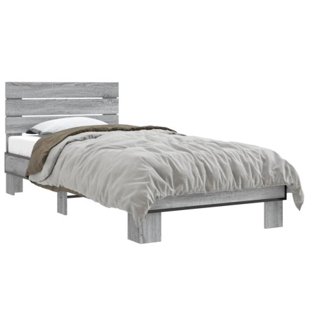 Estructura cama madera ingeniería metal gris Sonoma 90x200 cm de vidaXL, Camas y somieres - Ref: Foro24-845745, Precio: 102,2...