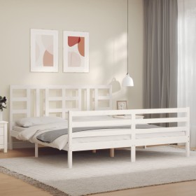 Double bed frame with white solid wood headboard by vidaXL, Beds and slatted bases - Ref: Foro24-3193937, Price: 155,22 €, Di...