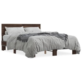 Engineered wood bed frame oak brown metal 135x190 cm by vidaXL, Beds and slatted bases - Ref: Foro24-3280211, Price: 154,99 €...