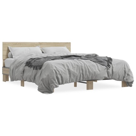 Estructura cama madera ingeniería metal roble Sonoma 160x200 cm de vidaXL, Camas y somieres - Ref: Foro24-3280183, Precio: 15...