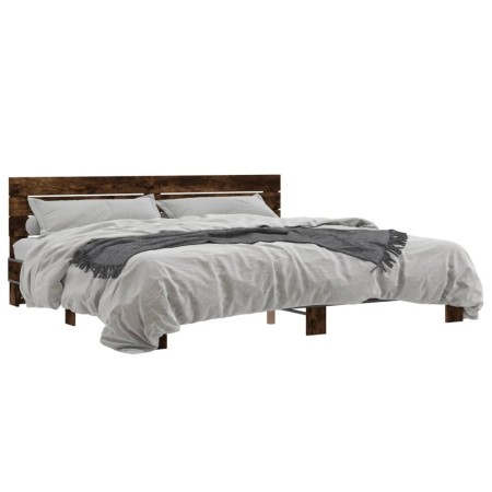 Engineered wood bed frame metal smoked oak 200x200cm by vidaXL, Beds and slatted bases - Ref: Foro24-3280129, Price: 168,77 €...