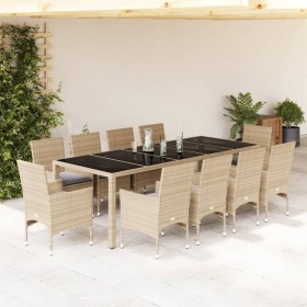 Garten-Essgruppe, 11-teilig, mit beigefarbenen Kissen aus synthetischem Rattan aus Glas von vidaXL, Gartensets - Ref: Foro24-...