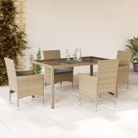 Garten-Essgruppe, 5-teilig, mit Kissen aus beigem synthetischem Rattan aus Glas von vidaXL, Gartensets - Ref: Foro24-3278563,...