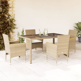 Garten-Essgruppe, 5-teilig, mit Kissen aus beigem synthetischem Rattan aus Glas von vidaXL, Gartensets - Ref: Foro24-3278659,...