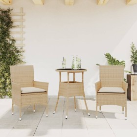 Garten-Essgruppe, 3-teilig, mit Kissen aus beigem synthetischem Rattan aus Glas von vidaXL, Gartensets - Ref: Foro24-3278625,...