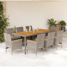 Set de comedor jardín 9 pzas con cojines ratán PE acacia gris de vidaXL, Conjuntos de jardín - Ref: Foro24-3278638, Precio: 7...