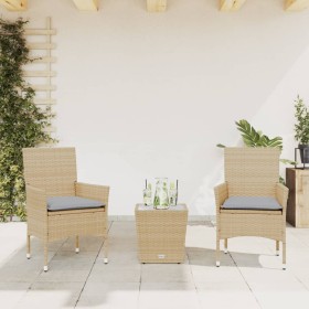 Table and chairs with cushions 3 pieces synthetic rattan beige glass by vidaXL, Garden sets - Ref: Foro24-3278743, Price: 159...