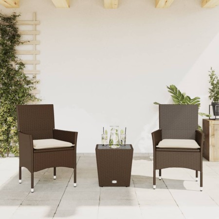 Couchtisch, Stühle mit Kissen, 3 Stück, synthetisches Rattan, braunes Glas von vidaXL, Gartensets - Ref: Foro24-3278741, Prei...