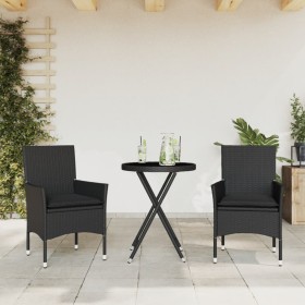 Tisch und Stühle mit Kissen, 3 Stück, synthetisches Rattan, schwarzes Glas von vidaXL, Gartensets - Ref: Foro24-3278748, Prei...