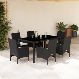 Set comedor jardín 7 pzas cojines ratán sintético vidrio negro de vidaXL, Conjuntos de jardín - Ref: Foro24-3278540, Precio: ...