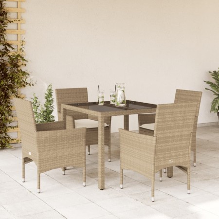 Set comedor jardín 5 pzas cojines ratán sintético vidrio beige de vidaXL, Conjuntos de jardín - Ref: Foro24-3278568, Precio: ...