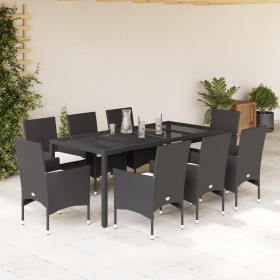 Set comedor jardín 9 pzas cojines ratán sintético vidrio negro de vidaXL, Conjuntos de jardín - Ref: Foro24-3278542, Precio: ...