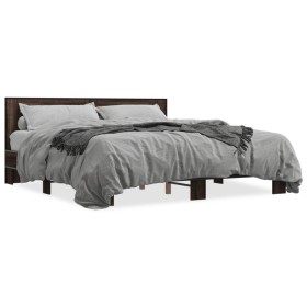 Oak brown metal engineered wood bed frame 200x200 cm by vidaXL, Beds and slatted bases - Ref: Foro24-3280086, Price: 177,99 €...