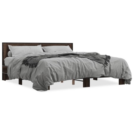 Oak brown metal engineered wood bed frame 200x200 cm by vidaXL, Beds and slatted bases - Ref: Foro24-3280086, Price: 178,52 €...