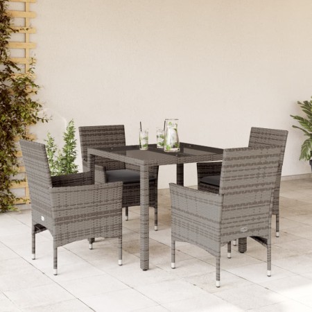 Set comedor jardín 5 pzas y cojines ratán sintético vidrio gris de vidaXL, Conjuntos de jardín - Ref: Foro24-3278556, Precio:...