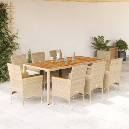 Set de comedor jardín 9 pzas con cojines ratán PE acacia beige de vidaXL, Conjuntos de jardín - Ref: Foro24-3278644, Precio: ...