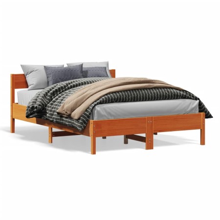 Bed frame with wax brown pine wood headboard 150x200 cm by vidaXL, Beds and slatted bases - Ref: Foro24-842749, Price: 123,14...