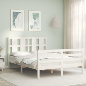 Double bed frame with white solid wood headboard by vidaXL, Beds and slatted bases - Ref: Foro24-3194092, Price: 143,99 €, Di...