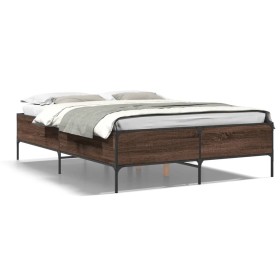 Estructura cama madera ingeniería metal marrón roble 135x190 cm de vidaXL, Camas y somieres - Ref: Foro24-3279816, Precio: 14...