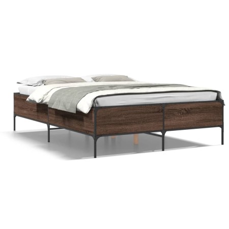 Engineered wood bed frame oak brown metal 135x190 cm by vidaXL, Beds and slatted bases - Ref: Foro24-3279816, Price: 142,14 €...