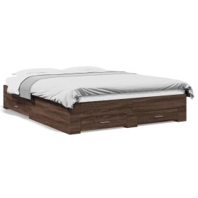 Oak brown engineered wood bed with drawers 160x200 cm by vidaXL, Beds and slatted bases - Ref: Foro24-3280376, Price: 197,99 ...