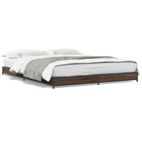 Oak brown metal engineered wood bed frame 150x200 cm by vidaXL, Beds and slatted bases - Ref: Foro24-845145, Price: 94,99 €, ...