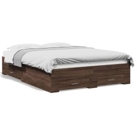 Oak brown engineered wood bed with drawers 135x190 cm by vidaXL, Beds and slatted bases - Ref: Foro24-3280411, Price: 185,99 ...