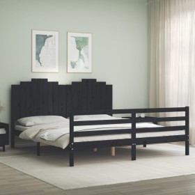 Double bed frame with black solid wood headboard by vidaXL, Beds and slatted bases - Ref: Foro24-3194200, Price: 185,64 €, Di...