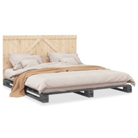 Gray pine wood bed frame with headboard 200x200cm by vidaXL, Beds and slatted bases - Ref: Foro24-3281567, Price: 248,99 €, D...