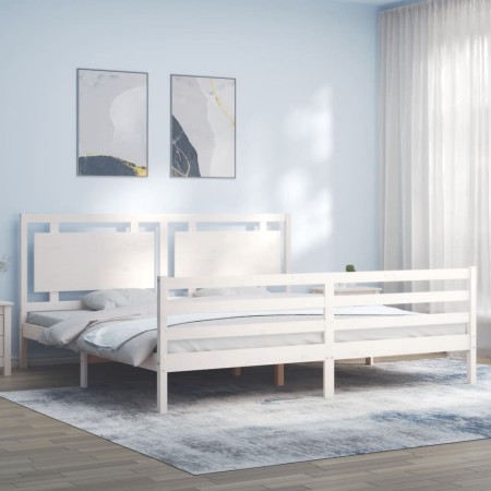 Double bed frame with white solid wood headboard by vidaXL, Beds and slatted bases - Ref: Foro24-3194067, Price: 183,57 €, Di...