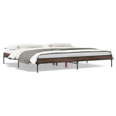 Oak brown metal engineered wood bed frame 200x200 cm by vidaXL, Beds and slatted bases - Ref: Foro24-845000, Price: 117,99 €,...