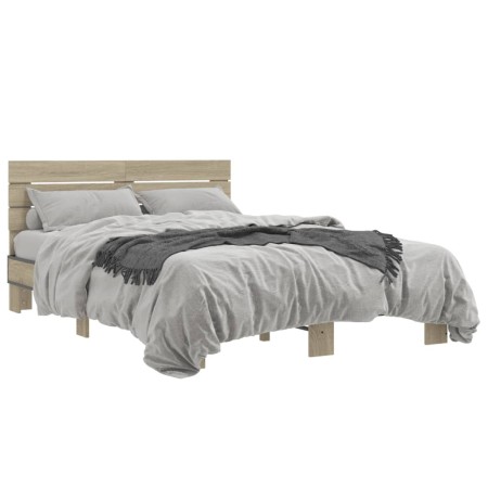 Estructura cama madera ingeniería metal roble Sonoma 135x190 cm de vidaXL, Camas y somieres - Ref: Foro24-3280163, Precio: 14...