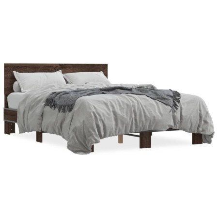 Engineered wood bed frame oak brown metal 120x190 cm by vidaXL, Beds and slatted bases - Ref: Foro24-3280206, Price: 150,39 €...