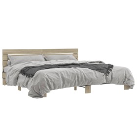 Estructura cama madera ingeniería metal roble Sonoma 200x200 cm de vidaXL, Camas y somieres - Ref: Foro24-3280128, Precio: 16...