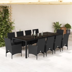 Set comedor jardín 11 pzas cojines ratán sintético vidrio negro de vidaXL, Conjuntos de jardín - Ref: Foro24-3278588, Precio:...