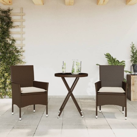 Coffee table chairs with cushions 3 pieces synthetic rattan brown glass by vidaXL, Garden sets - Ref: Foro24-3278749, Price: ...