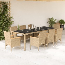 Garten-Essgruppe, 9-teilig, mit beigefarbenen Kissen aus synthetischem Rattan aus Glas von vidaXL, Gartensets - Ref: Foro24-3...