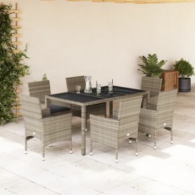 7-teiliges Garten-Essset mit Kissen aus PE-Rattan und grauem Glas von vidaXL, Gartensets - Ref: Foro24-3278576, Preis: 489,06...