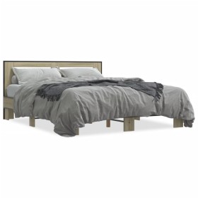 Estructura cama madera ingeniería metal roble Sonoma 160x200 cm de vidaXL, Camas y somieres - Ref: Foro24-3280093, Precio: 15...