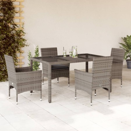 Set comedor jardín 5 pzas y cojines ratán sintético vidrio gris de vidaXL, Conjuntos de jardín - Ref: Foro24-3278557, Precio:...