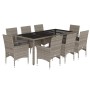 Set comedor jardín 9 pzas y cojines ratán sintético vidrio gris de vidaXL, Conjuntos de jardín - Ref: Foro24-3278560, Precio:...