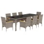 Set comedor jardín 9 pzas y cojines ratán sintético vidrio gris de vidaXL, Conjuntos de jardín - Ref: Foro24-3278735, Precio:...