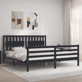 Double bed frame with black solid wood headboard by vidaXL, Beds and slatted bases - Ref: Foro24-3194330, Price: 179,99 €, Di...