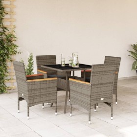 Set comedor jardín 5 pzas y cojines ratán sintético vidrio gris de vidaXL, Conjuntos de jardín - Ref: Foro24-3278706, Precio:...