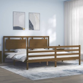 Honey brown solid wood bed frame with headboard by vidaXL, Beds and slatted bases - Ref: Foro24-3194069, Price: 210,99 €, Dis...