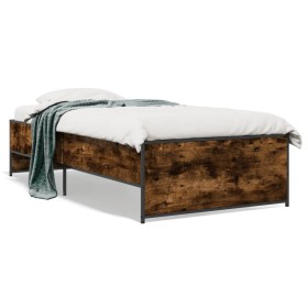 Estructura cama madera ingeniería metal roble ahumado 90x200 cm de vidaXL, Camas y somieres - Ref: Foro24-845243, Precio: 87,...