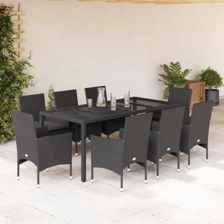 Garten-Essgruppe, 9-teilig, mit Kissen aus schwarzem Glas und synthetischem Rattan von vidaXL, Gartensets - Ref: Foro24-32785...