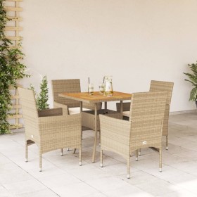 Set de comedor jardín 5 pzas con cojines ratán PE acacia beige de vidaXL, Conjuntos de jardín - Ref: Foro24-3278716, Precio: ...